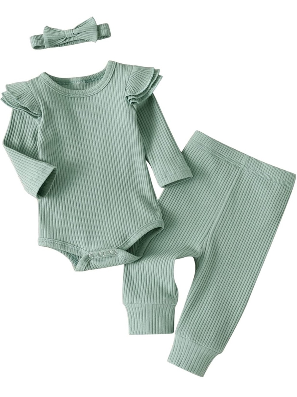 3/$25 Newborn Infant Baby Girl Ribbed Solid Long Sleeve Ruffle Set Headband